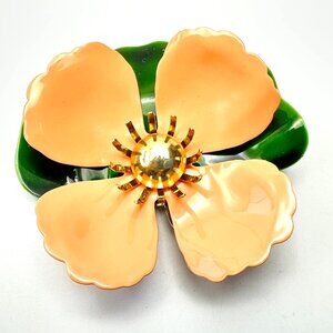 Vintage Sarah Coventry Coral Bloom — Gold-Tone Enamel Flower Brooch — EUC